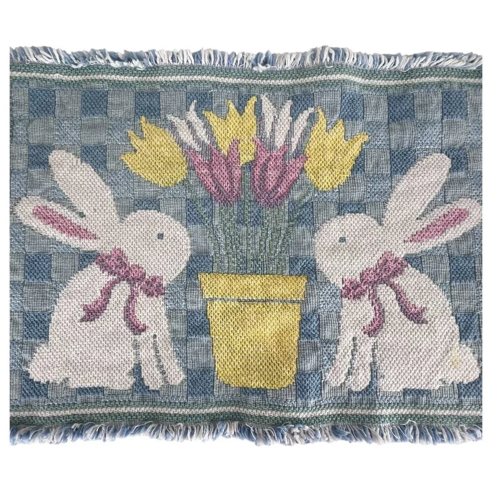 Set Of 2 Easter Woven Placemat Bunny Rabbit & Tulip Design Pink Yellow Blue